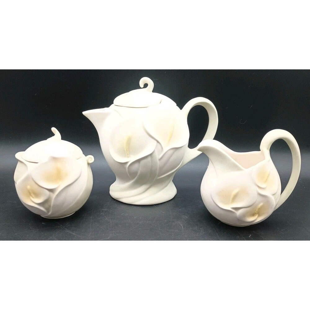 Vtg Cosmos Calla Lily Teapot Creamer & Covered Sugar Set Lid Tea Party